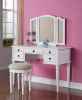 Bedroom Contemporary Vanity Set w Foldable Mirror Stool Drawers White Color