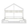 Wood Twin Size House Platform Beds,Two Shared Beds with Shelves and Guardrail, Creamy White