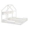 Wood Twin Size House Platform Beds,Two Shared Beds with Shelves and Guardrail, Creamy White