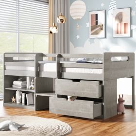 Twin size Loft Bed with Two Shelves and Two drawers (Color: Antique Gray)